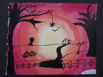 art piece with house at the end of a trail with trees and pumpkins