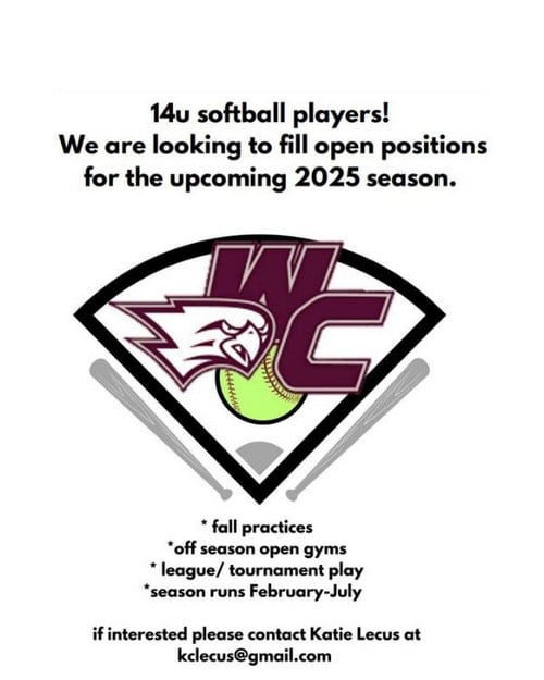 Westosha Falcons Feeder Softball 14u Program. Contact 262-843-2321 for details.