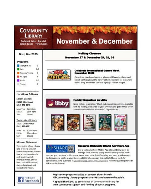 Community Library Flyer for November/December. Call 262-843-3348 for details.