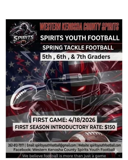 Spirits Youth Football player in a helmet holding a football. Details at spiritsyouthfootball.com.