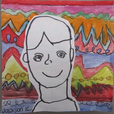 portrait in black and white with a colorful patterned back ground