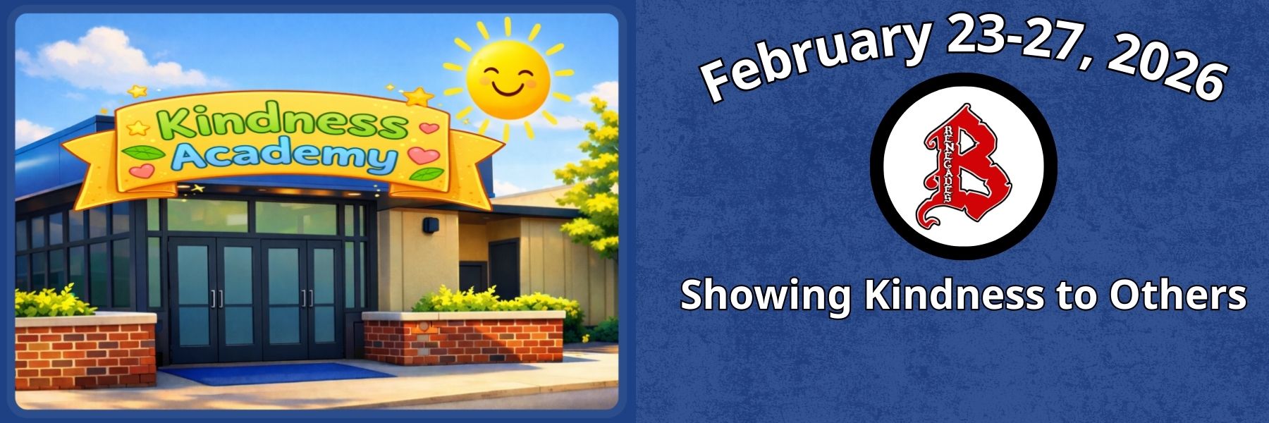 Blue background with sun shining on a school entrance with a Kindness Academy sign above the door.