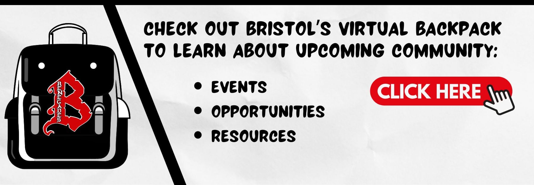 Bristol black and white backpack with red logo. Visit the Virtual Backpack webpage.