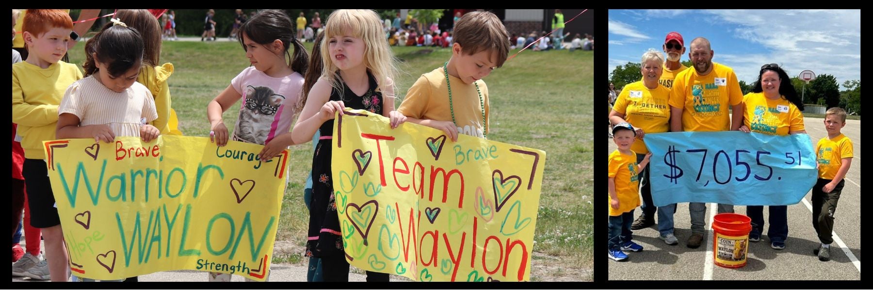 Students lining the track for Waylon's Walk holding signs of encouragement.
