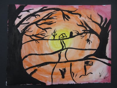 art piece with a house at the end of a train through trees